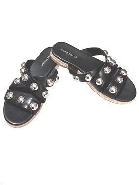 Marc Fisher Woman’s  Prisca Black Studded Platform Espidrille Slide Sandals Sz 8